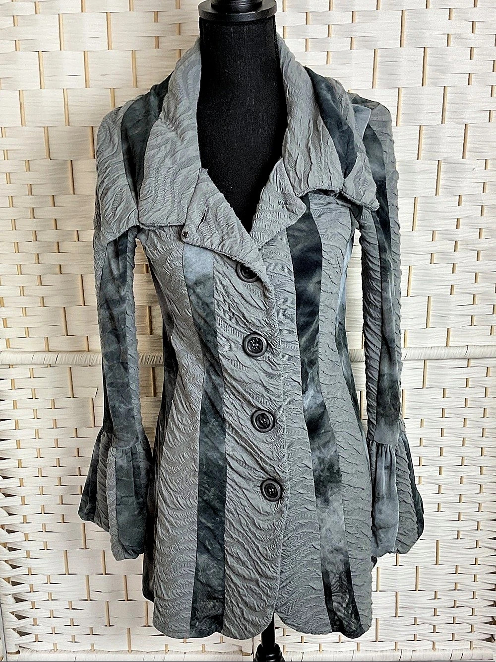 D'Marvel Couture Gray Textured Ruffle Sleeve Jacket Like New